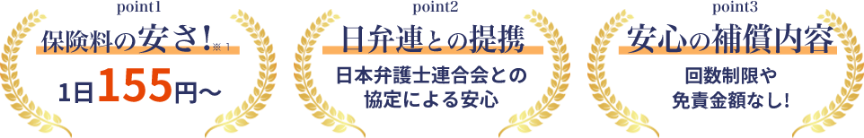 point1保険料の安さ!※ 11日155円〜 point2日弁連との提携日本弁護士連合会との 協定による安心 point3安心の補償内容回数制限や 免責金額なし!